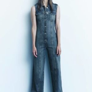 NWT Zara Denim Jumpsuit with Cut Out Back SZ L